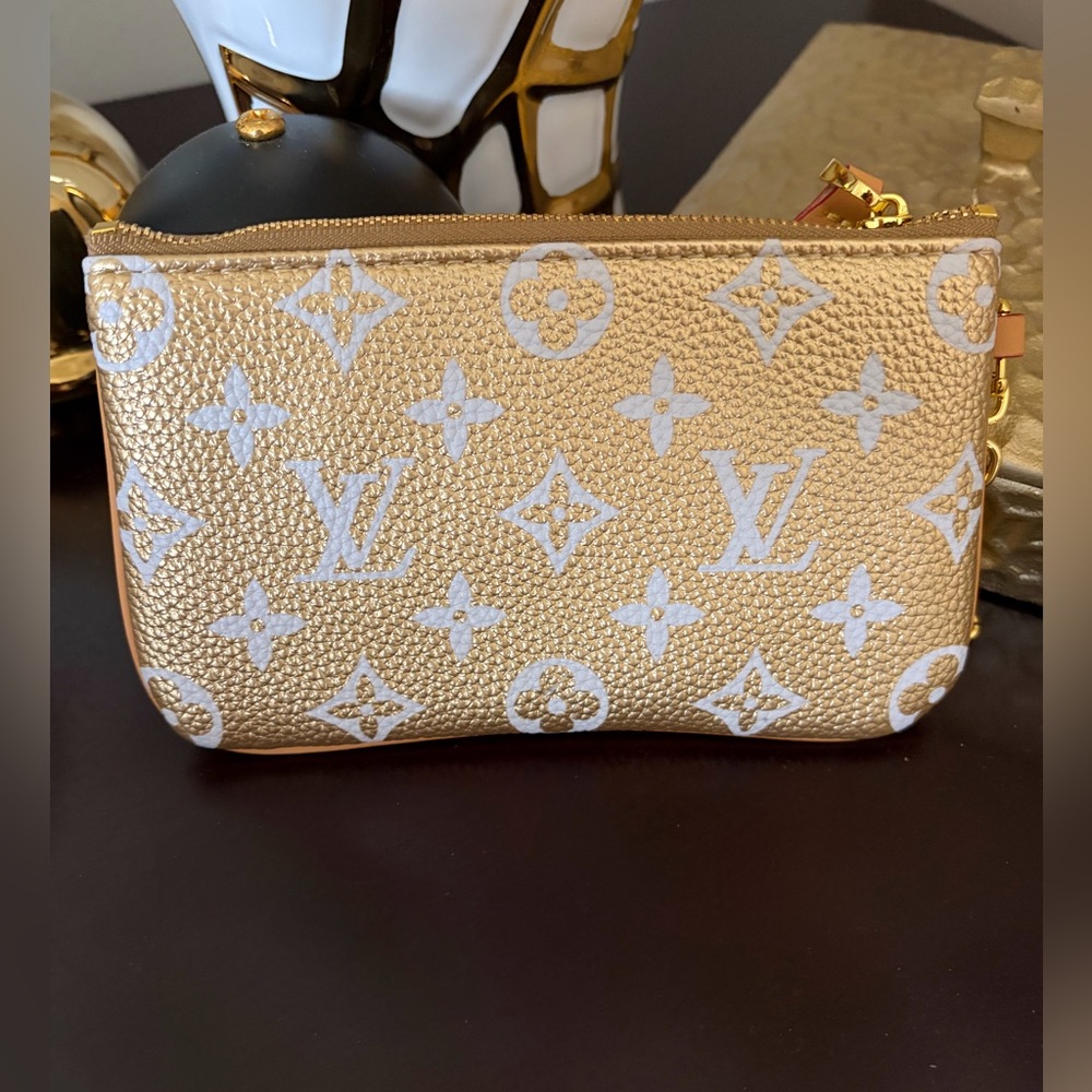 SL Fashions, Gold & White Monogram Canvas Small Pouch NEW